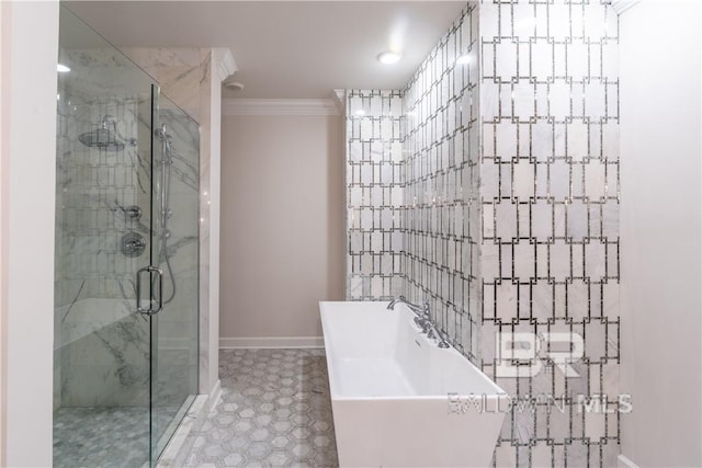 bathroom featuring shower with separate bathtub and crown molding