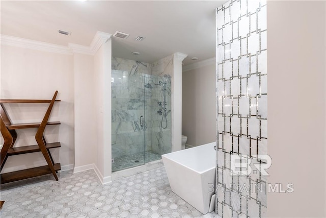 bathroom with toilet, plus walk in shower, and ornamental molding