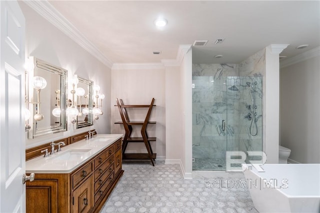 full bathroom featuring toilet, vanity, independent shower and bath, and ornamental molding