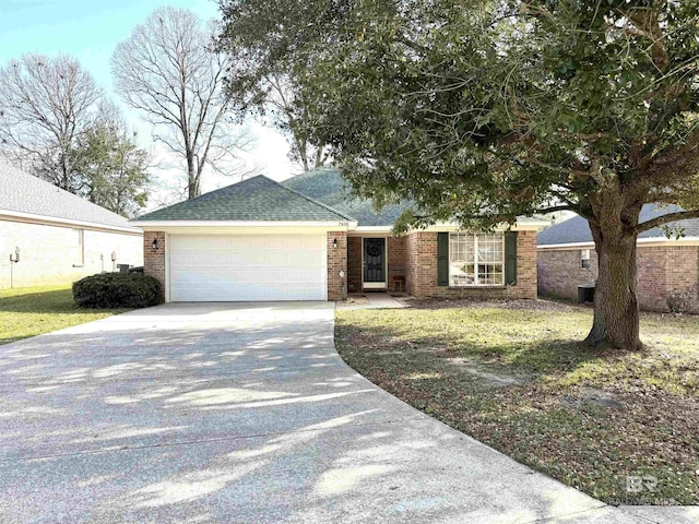 ranch-style house with driveway, an attached garage, roof with shingles, and brick siding