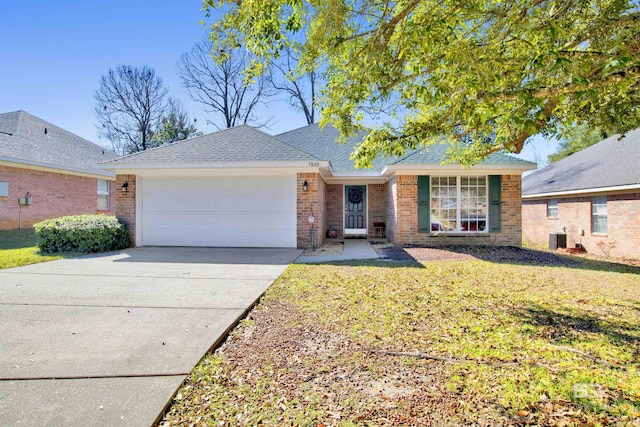 single story home featuring a garage, central AC unit, concrete driveway, roof with shingles, and brick siding