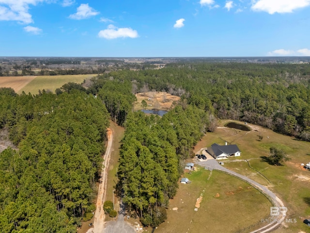 bird's eye view with a water view and a wooded view