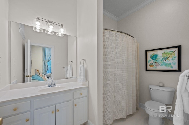 bathroom with connected bathroom, toilet, tile patterned flooring, crown molding, and vanity