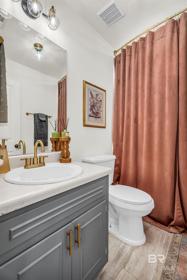 bathroom with vanity, wood-type flooring, and toilet