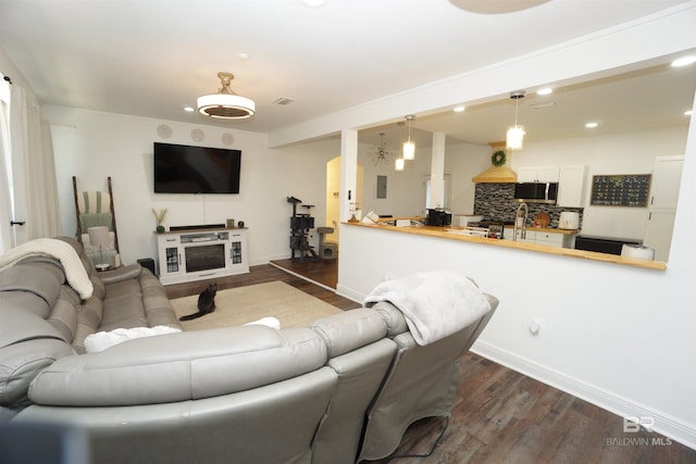 living room with sink and dark hardwood / wood-style floors