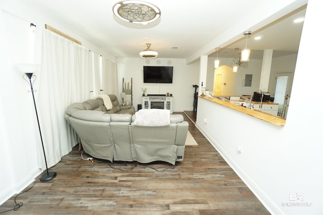 living room featuring electric panel and wood-type flooring