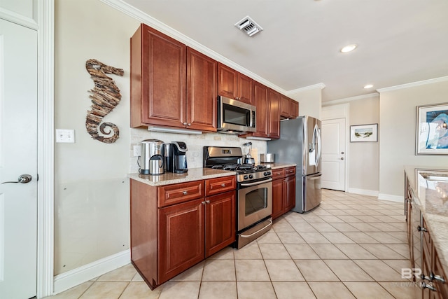kitchen featuring ornamental molding, stainless steel appliances, light stone countertops, and decorative backsplash