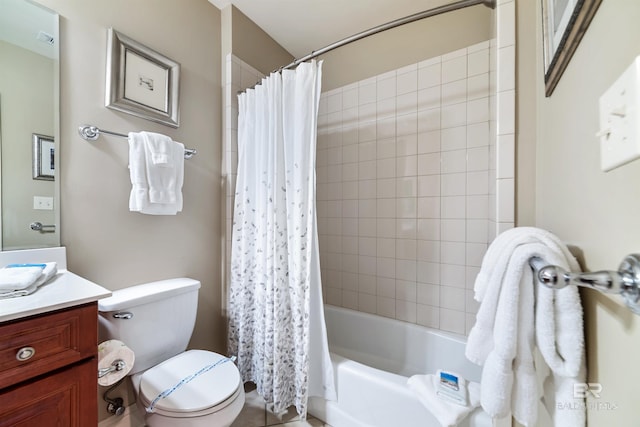 full bathroom featuring vanity, shower / bath combination with curtain, and toilet