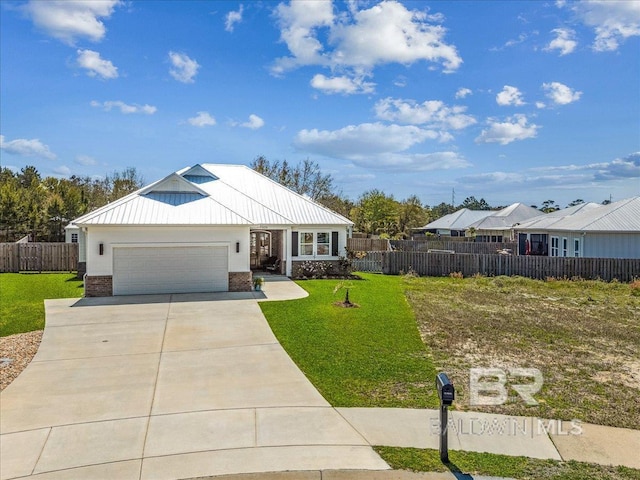 view of front of house featuring fence, a garage, concrete driveway, brick siding, and a front lawn