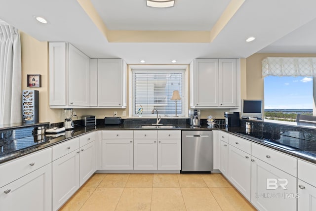 13621 Perdido Key Dr Unit 1804W, Perdido Key, FL 32507 - kitchen featuring white cabinetry, sink, stainless steel dishwasher, black electric stovetop, and dark stone countertops