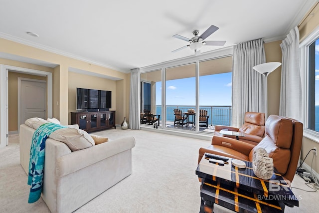 13621 Perdido Key Dr Unit 1804W, Perdido Key, FL 32507 - living room with ornamental molding, floor to ceiling windows, light colored carpet, and ceiling fan