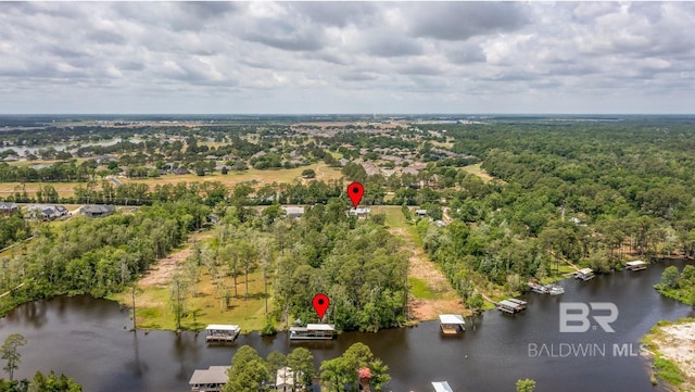drone / aerial view with a water view and a wooded view