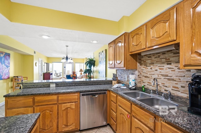 kitchen featuring dishwasher, an inviting chandelier, sink, decorative backsplash, and kitchen peninsula