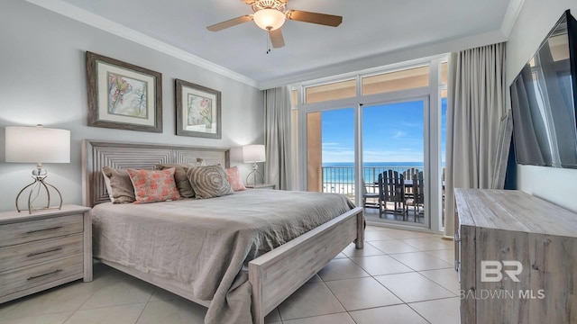 tiled bedroom with a water view, ornamental molding, ceiling fan, and access to exterior