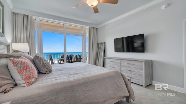 bedroom with crown molding, access to outside, a water view, ceiling fan, and light tile floors