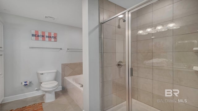 bathroom with tile flooring, independent shower and bath, and toilet