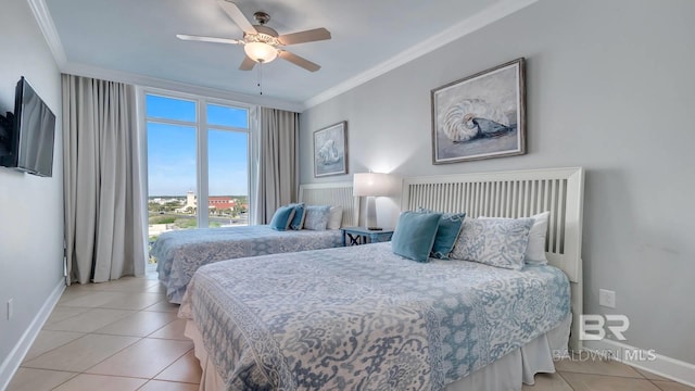 tiled bedroom featuring ceiling fan and crown molding