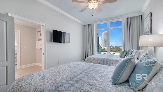 tiled bedroom featuring ornamental molding and ceiling fan