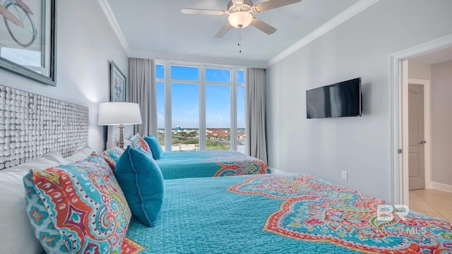 tiled bedroom with ceiling fan and crown molding