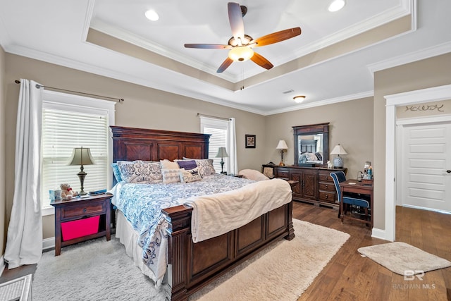 bedroom featuring a tray ceiling, multiple windows, ceiling fan, and wood-type flooring