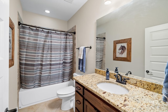 full bathroom featuring toilet, shower / bath combo, vanity, and tile patterned floors