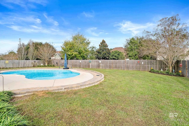 view of pool featuring a lawn