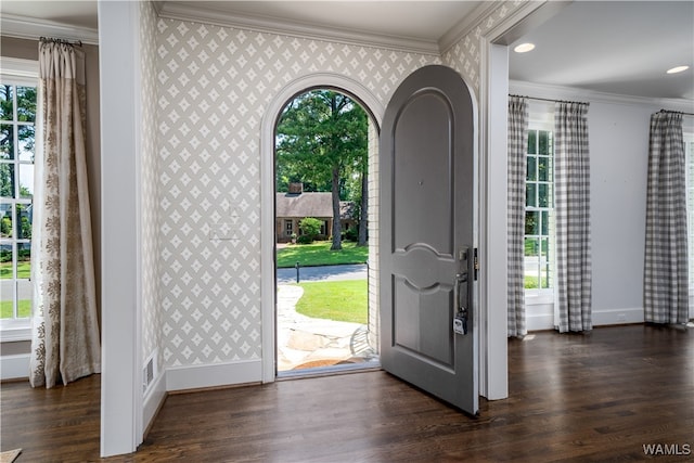 foyer entrance with crown molding and dark wood-type flooring