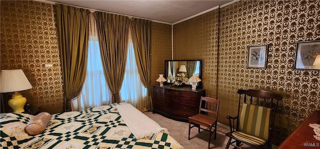 bedroom featuring a textured ceiling, crown molding, and light carpet