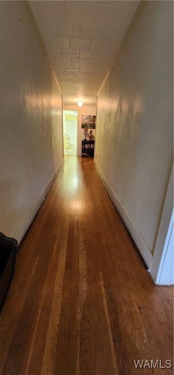 corridor with dark hardwood / wood-style floors and ornamental molding