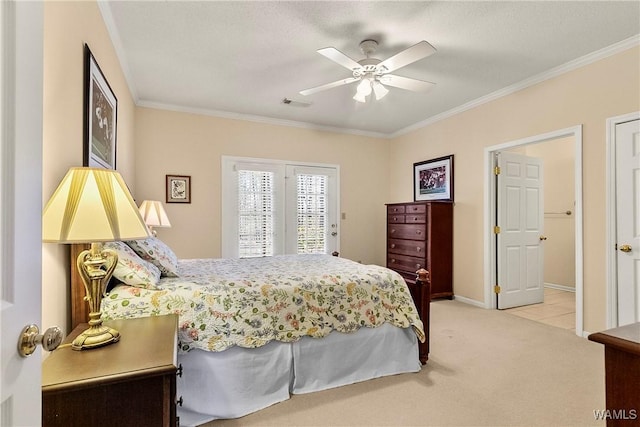 17174 Finnell Rd, Northport, AL 35475 - bedroom featuring visible vents, light carpet, ornamental molding, access to outside, and baseboards