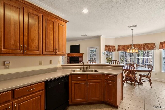 17174 Finnell Rd, Northport, AL 35475 - kitchen featuring a notable chandelier, ornamental molding, a sink, a peninsula, and dishwasher