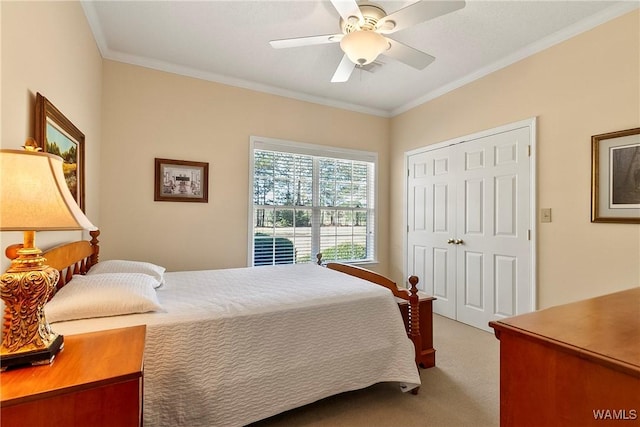 17174 Finnell Rd, Northport, AL 35475 - carpeted bedroom with a closet, a ceiling fan, and crown molding