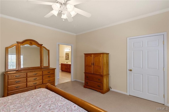 17174 Finnell Rd, Northport, AL 35475 - bedroom featuring ornamental molding, a ceiling fan, ensuite bathroom, and light carpet