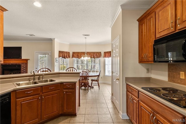 17174 Finnell Rd, Northport, AL 35475 - kitchen with visible vents, ornamental molding, light tile patterned flooring, black appliances, and a sink