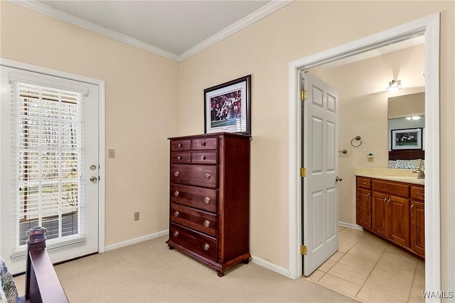 17174 Finnell Rd, Northport, AL 35475 - interior space with connected bathroom, crown molding, baseboards, light colored carpet, and access to exterior