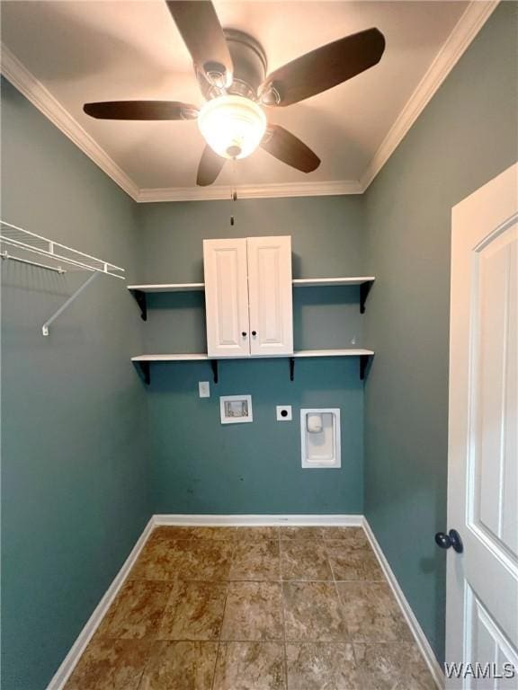 11507 Belle Meade Ave, Northport, AL 35475 - washroom featuring cabinet space, electric dryer hookup, a ceiling fan, baseboards, and ornamental molding