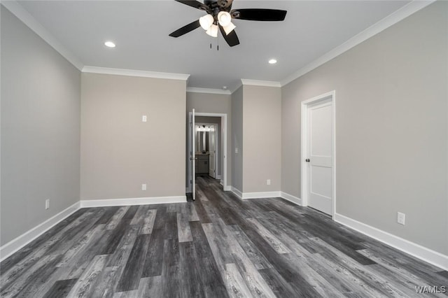 empty room with ceiling fan, ornamental molding, and dark wood-type flooring
