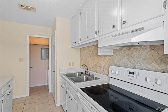1500 W Beach Blvd Unit 212, Gulf Shores, AL 36542 - kitchen featuring white range with electric cooktop, a sink, under cabinet range hood, white cabinetry, and visible vents