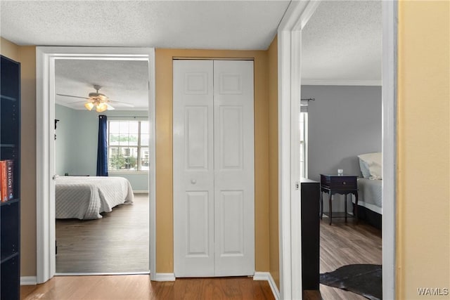 bedroom with baseboards, a textured ceiling, and wood finished floors
