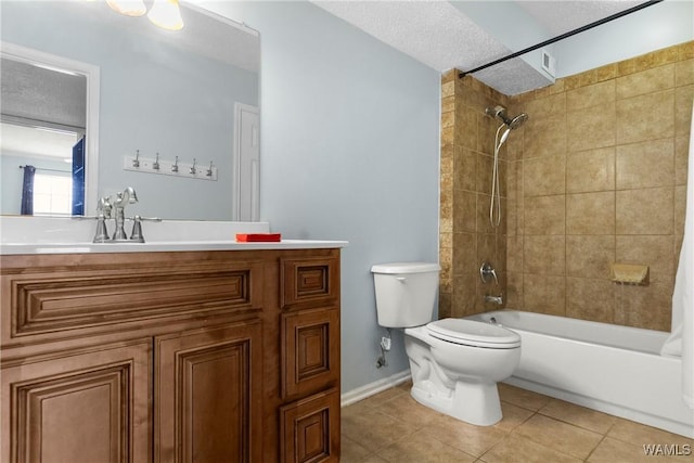 full bathroom featuring a textured ceiling, tile patterned flooring, shower / tub combination, vanity, and toilet