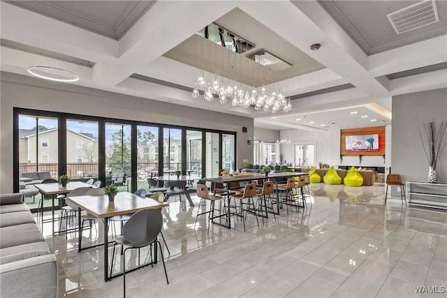 dining room with visible vents, coffered ceiling, and light tile patterned floors
