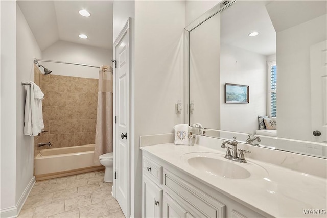 full bath with shower / bath combination with curtain, recessed lighting, toilet, vanity, and tile patterned floors