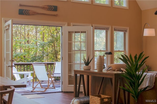 doorway to outside with lofted ceiling and wood finished floors