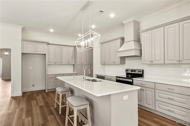 kitchen featuring custom exhaust hood, a kitchen island with sink, electric stove, sink, and dark hardwood / wood-style flooring