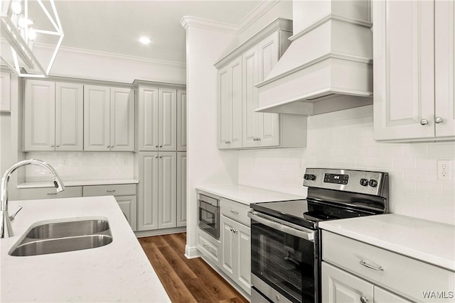 kitchen featuring custom exhaust hood, backsplash, sink, dark hardwood / wood-style floors, and appliances with stainless steel finishes