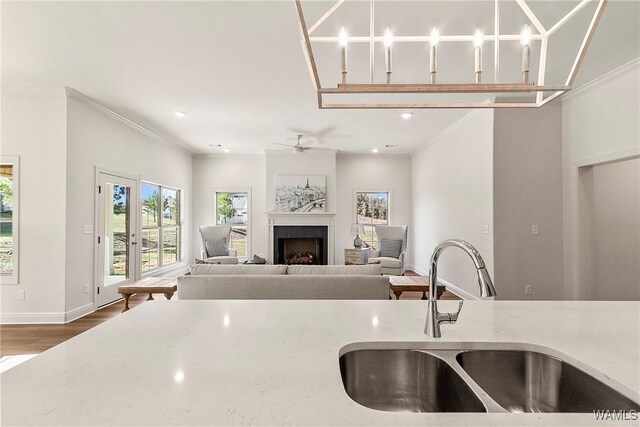 kitchen featuring sink, dark hardwood / wood-style floors, ceiling fan, ornamental molding, and a fireplace