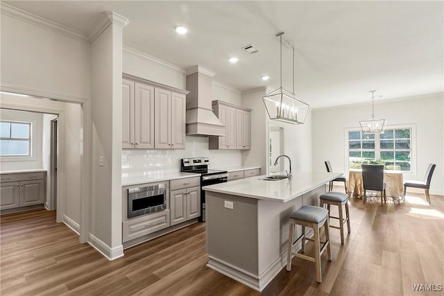 kitchen featuring premium range hood, gray cabinetry, stainless steel appliances, a kitchen island with sink, and sink