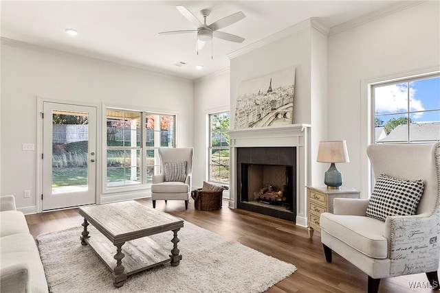 living room with a tiled fireplace, crown molding, ceiling fan, and dark hardwood / wood-style floors