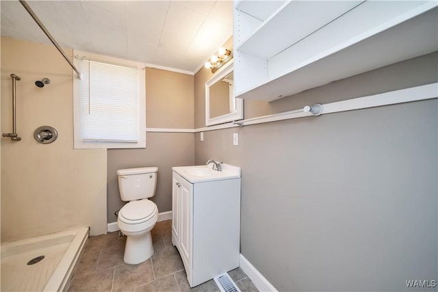 full bathroom with toilet, a shower stall, tile patterned flooring, and vanity