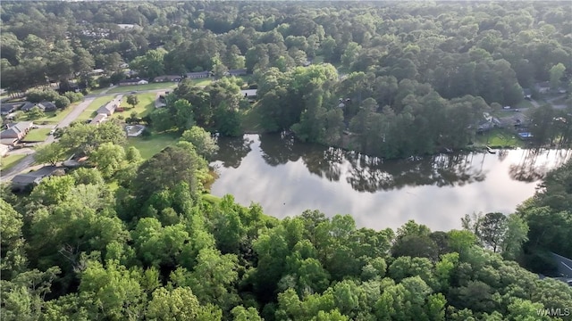 aerial view of property and surrounding area featuring a nearby body of water and a heavily wooded area